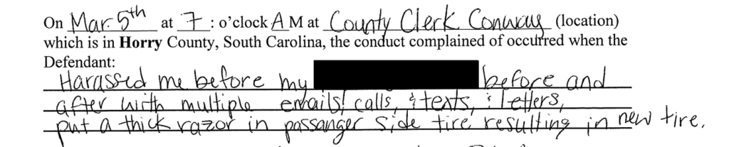 Mica says JP harassed her through calls, emails, texts and letters and put a razor in her passenger side tire.